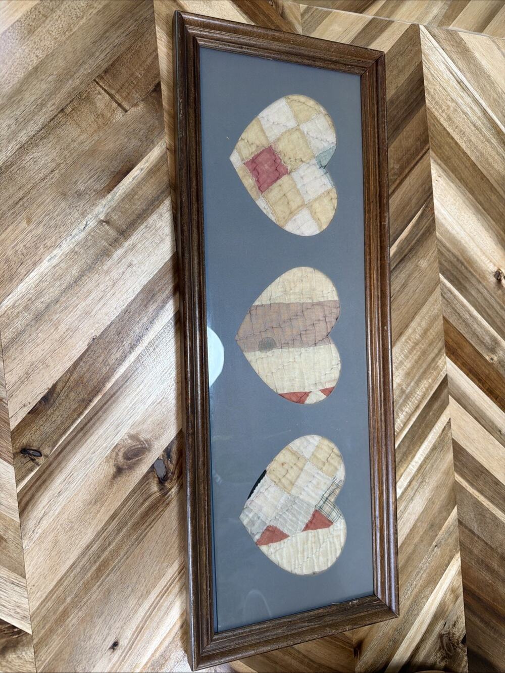 Vintage 25” x 10” Framed and Matted Heart Quilt Plaque, Americana, Mus Folk Art